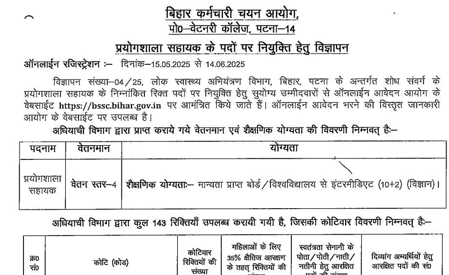 BSSC Lab Assistant Bharti 2025 – 143 पदों पर आवेदन शुरू